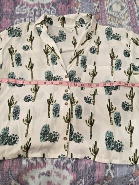 Prana White Button-Up Shirt with Teal Cactus Print
